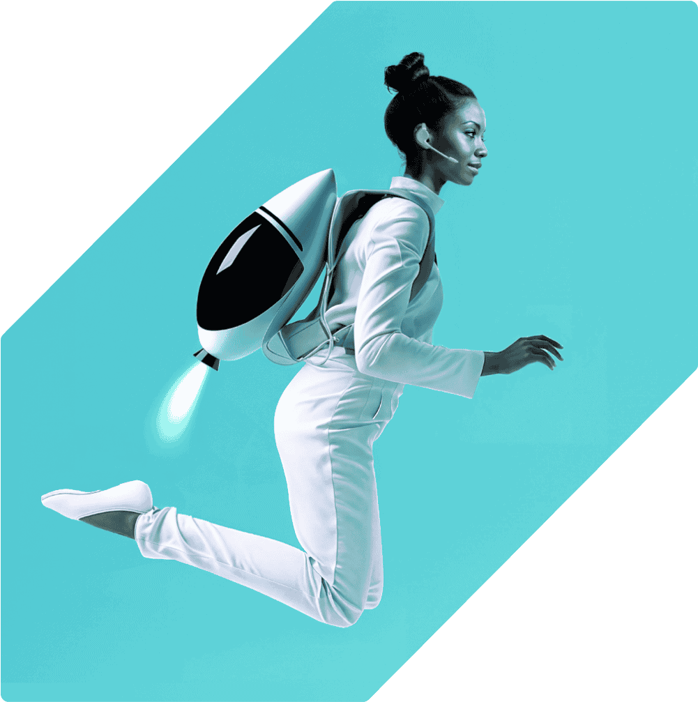 image of a call center agent wearing a futuristic jetpack and hovering in the air